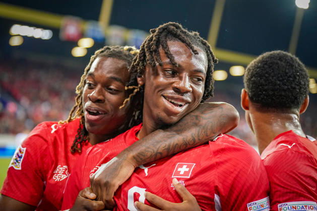 Fussball UEFA Nations League 2026 - 2027, 4. Spieltag - Schweiz vs Nordmazedonien - Thermoplan Arena (Luzern): Tor und Torjubel zum 2:0 durch Johan Manzambi (Schweiz, 9) Freude, Emotionen, Jubel Winsley Boteli (Schweiz, 19) Copyright: xJOERANxSTEINSIEKx