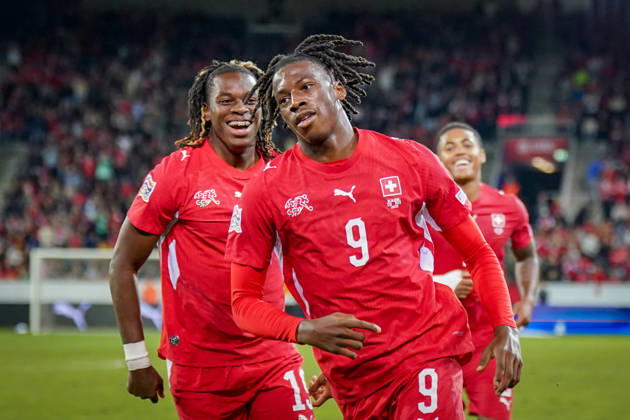 Fussball UEFA Nations League 2026 - 2027, 4. Spieltag - Schweiz vs Nordmazedonien - Thermoplan Arena (Luzern): Tor und Torjubel zum 2:0 durch Johan Manzambi (Schweiz, 9) Freude, Emotionen, Jubel Winsley Boteli (Schweiz, 19) und Sascha Britschgi (Schweiz, 2) Copyright: xJOERANxSTEINSIEKx