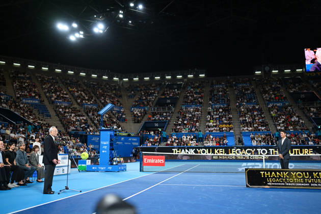 (L-R) Masaaki Morita, Kei Nishikori, OCTOBER 6, 2026 - Tennis : Kinoshita Group Japan Open Tennis Championships 2026 Kei Nishikori Tribute Ceremony at Ariake Coliseum, Tokyo, Japan. Noxthirdxpartyxsales aflo_353766405 KenjiroxMatsuox