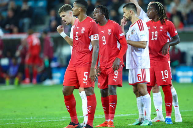 LUCERNE, SWITZERLAND - OCTOBER 06: Johan Manzambi (9, Switzerland) and Winsley Boteli Mokango (19, Switzerland) during the UEFA Nations League match between Switzerland and North Macedonia at thermoplan arena on October 6, 2026 in Lucerne, Switzerland. Copyright: xUrsxOttigerx xSPPx Sportspressphoto_SPR247763