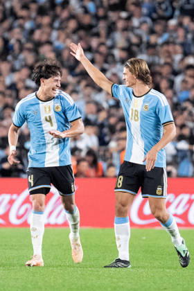 BUENOS AIRES, ARGENTINA - OCTOBER 06: Nico Paz of Argentina (R) celebrates after scoring the team s second goal with Agustin Giay of Argentina (L) during the International Friendly, Länderspiel, Nationalmannschaft football match between Argentina and Benin at Estadio Monumental Antonio V. Liberti on October 06, 2026 in Buenos Aires, Argentina. (Photo by Richard Callis Sports Press Photo) Copyright: xRichardxCallis SportsxPressxPhotox Sportspressphoto_SPR247914