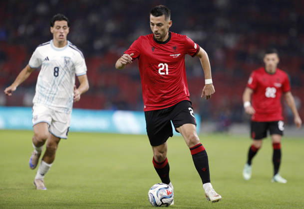 UEFA Nations League Qualifier Albania vs San Marino in Tirana, Albania. Arber Hoxha of Albania (R) fights for the ball with Lorenzo Capicchioni of San Marino (L) during the UEFA Nations League Group C match between Albania and Belarus at Air Albania Stadium in Tirana, Albania, on October 6, 2026. Light Studio Agency Malton Dibra Tirana Albania Copyright: xLightxStudioxAgencyx xMaltonxDibrax