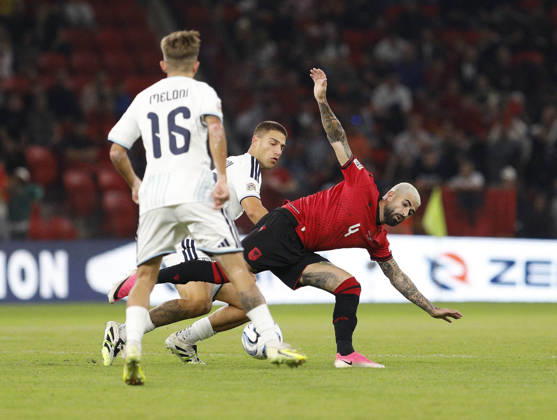 UEFA Nations League Qualifier Albania vs San Marino in Tirana, Albania. Elseid Hysaj of Albania (R) fights for the ball with Samuele Zannoni (C) of San Marino during the UEFA Nations League Group C match between Albania and Belarus at Air Albania Stadium in Tirana, Albania, on October 6, 2026. Light Studio Agency Malton Dibra Tirana Albania Copyright: xLightxStudioxAgencyx xMaltonxDibrax
