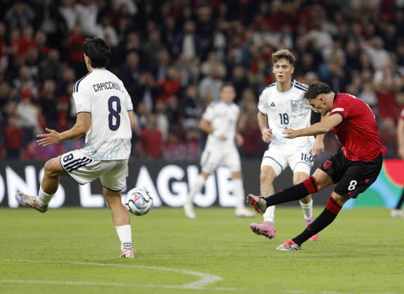 UEFA Nations League Qualifier Albania vs San Marino in Tirana, Albania. Kristjan Asllani of Albania (R) shoots and scores the first goal during the UEFA Nations League Group C match between Albania and Belarus at Air Albania Stadium in Tirana, Albania, on October 6, 2026. Light Studio Agency Malton Dibra Tirana Albania Copyright: xLightxStudioxAgencyx xMaltonxDibrax
