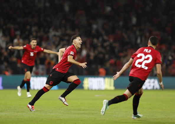 UEFA Nations League Qualifier Albania vs San Marino in Tirana, Albania. Kristjan Asllani of Albania (C) celebrates his first goal during the UEFA Nations League Group C match between Albania and Belarus at Air Albania Stadium in Tirana, Albania, on October 6, 2026. Light Studio Agency Malton Dibra Tirana Albania Copyright: xLightxStudioxAgencyx xMaltonxDibrax