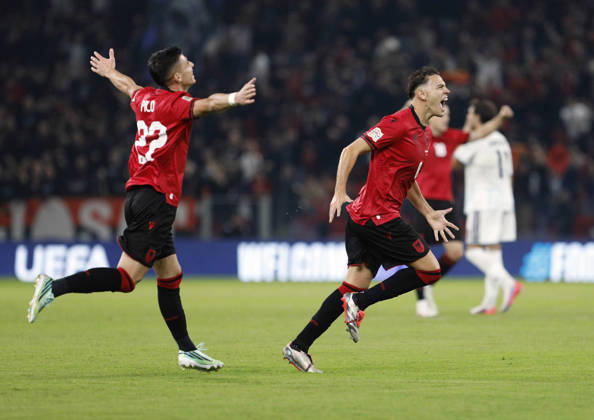 UEFA Nations League Qualifier Albania vs San Marino in Tirana, Albania. Kristjan Asllani of Albania (R) celebrates his first goal during the UEFA Nations League Group C match between Albania and Belarus at Air Albania Stadium in Tirana, Albania, on October 6, 2026. Light Studio Agency Malton Dibra Tirana Albania Copyright: xLightxStudioxAgencyx xMaltonxDibrax