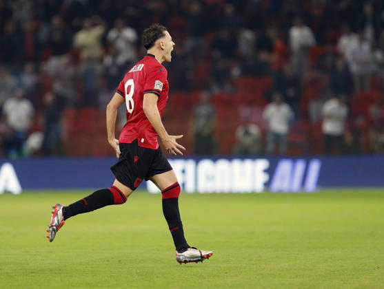 UEFA Nations League Qualifier Albania vs San Marino in Tirana, Albania. Kristjan Asllani of Albania celebrates his first goal during the UEFA Nations League Group C match between Albania and Belarus at Air Albania Stadium in Tirana, Albania, on October 6, 2026. Light Studio Agency Malton Dibra Tirana Albania Copyright: xLightxStudioxAgencyx xMaltonxDibrax