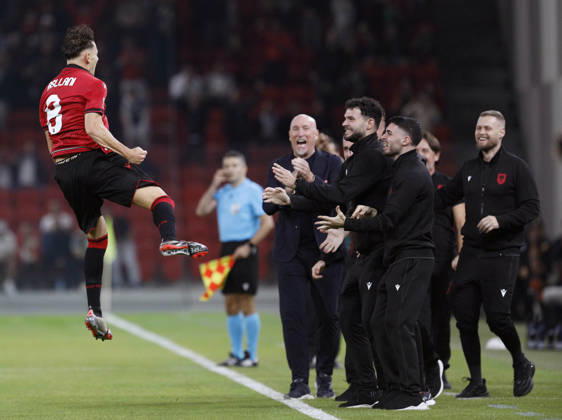 UEFA Nations League Qualifier Albania vs San Marino in Tirana, Albania. Kristjan Asllani of Albania and Albania head coach Italian Rolando Maran celebrate the first goal during the UEFA Nations League Group C match between Albania and Belarus at Air Albania Stadium in Tirana, Albania, on October 6, 2026. Light Studio Agency Malton Dibra Tirana Albania Copyright: xLightxStudioxAgencyx xMaltonxDibrax