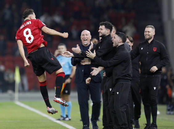 UEFA Nations League Qualifier Albania vs San Marino in Tirana, Albania. Kristjan Asllani of Albania and Albania head coach Italian Rolando Maran celebrate the first goal during the UEFA Nations League Group C match between Albania and Belarus at Air Albania Stadium in Tirana, Albania, on October 6, 2026. Light Studio Agency Malton Dibra Tirana Albania Copyright: xLightxStudioxAgencyx xMaltonxDibrax