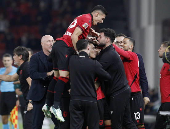 UEFA Nations League Qualifier Albania vs San Marino in Tirana, Albania. Albanian players and Albania head coach Italian Rolando Maran celebrate the first goal during the UEFA Nations League Group C match between Albania and Belarus at Air Albania Stadium in Tirana, Albania, on October 6, 2026. Light Studio Agency Malton Dibra Tirana Albania Copyright: xLightxStudioxAgencyx xMaltonxDibrax