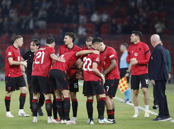 UEFA Nations League Qualifier Albania vs San Marino in Tirana, Albania. Albanian players celebrate the first goal during the UEFA Nations League Group C match between Albania and Belarus at Air Albania Stadium in Tirana, Albania, on October 6, 2026. Light Studio Agency Malton Dibra Tirana Albania Copyright: xLightxStudioxAgencyx xMaltonxDibrax