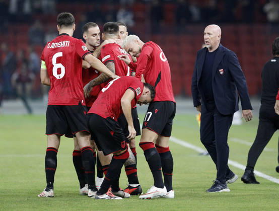 UEFA Nations League Qualifier Albania vs San Marino in Tirana, Albania. Albanian players and Albania head coach Italian Rolando Maran celebrate the first goal during the UEFA Nations League Group C match between Albania and Belarus at Air Albania Stadium in Tirana, Albania, on October 6, 2026. Light Studio Agency Malton Dibra Tirana Albania Copyright: xLightxStudioxAgencyx xMaltonxDibrax