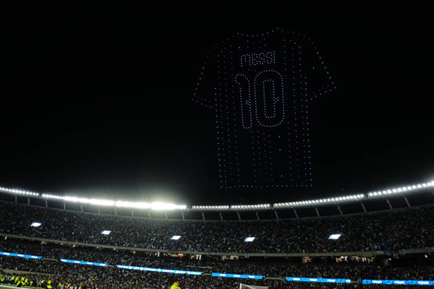 Messi bade farewell to Argentina in the friendly match against Benin BUENOS AIRES, ARGENTINA - OCTOBER 6: Drone show featuring a Messi jersey with the number 10 as Argentine football legend and national team, Nationalteam captain Lionel Messi goodbye to the crowd during his farewell match in front of over 80,000 spectators at the Monumental Stadium, in Buenos Aires, Argentina on October 6, 2026. Argentine football star Lionel Messi played his final international match, Länderspiel, Nationalmannschaft in the friendly game between Argentina and Benin. The 39-year-old walk onto the stadium pitch for the final time in the sky-blue and white jersey, entering his farewell as Argentina s record appearance-maker and leading scorer with 207 caps and 125 goals. Luciano Gonzalez Anadolu Buenos Aires Argentina. Editorial use only. Please get in touch for any other usage.  Copyright: x2026xAnadoluxLucianoxGonzalezx