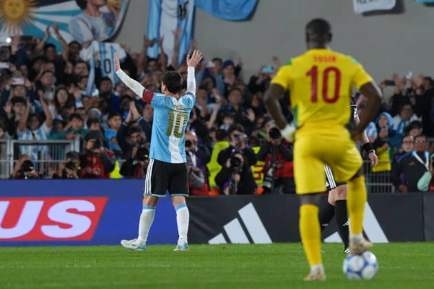 Messi bade farewell to Argentina in the friendly match against Benin BUENOS AIRES, ARGENTINA - OCTOBER 6: Argentine football legend and national team, Nationalteam captain Lionel Messi (10) celebrates after scoring a goal during his farewell match in front of over 80,000 spectators at the Monumental Stadium, in Buenos Aires, Argentina on October 6, 2026. Argentine football star Lionel Messi played his final international match, Länderspiel, Nationalmannschaft in the friendly game between Argentina and Benin. The 39-year-old walk onto the stadium pitch for the final time in the sky-blue and white jersey, entering his farewell as Argentina s record appearance-maker and leading scorer with 207 caps and 125 goals. Luciano Gonzalez Anadolu Buenos Aires Argentina. Editorial use only. Please get in touch for any other usage.  Copyright: x2026xAnadoluxLucianoxGonzalezx