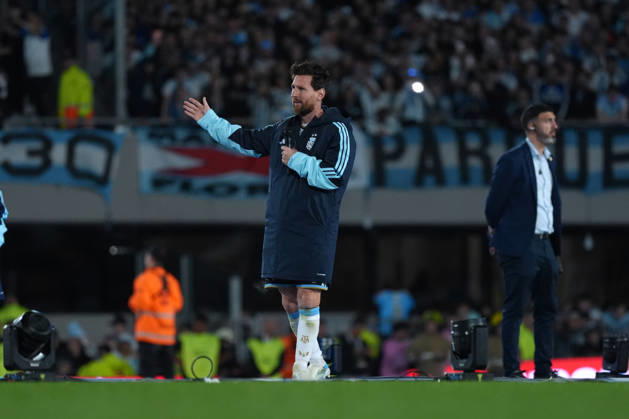 Messi bade farewell to Argentina in the friendly match against Benin BUENOS AIRES, ARGENTINA - OCTOBER 6: Argentine football legend and national team, Nationalteam captain Lionel Messi bids farewell to fans at the end of the his farewell match in front of over 80,000 spectators at the Monumental Stadium, in Buenos Aires, Argentina on October 6, 2026. Argentine football star Lionel Messi played his final international match, Länderspiel, Nationalmannschaft in the friendly game between Argentina and Benin. The 39-year-old walk onto the stadium pitch for the final time in the sky-blue and white jersey, entering his farewell as Argentina s record appearance-maker and leading scorer with 207 caps and 125 goals. Luciano Gonzalez Anadolu Buenos Aires Argentina. Editorial use only. Please get in touch for any other usage.  Copyright: x2026xAnadoluxLucianoxGonzalezx