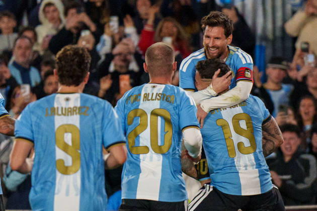 Benin v Argentina BUENOS AIRES, ARGENTINA - OCTOBER 6: Lionel Messi 10, Nicolas Otamendi 19, Alexis Mac Allister 20 and Julian Alvarez 9 of Argentina celebrate a goal during a game between Benin and Argentina at Estadio Monumental on October 6, 2026 in Buenos Aires, Argentina Buenos Aires Estadio Monumental Argentina Copyright: xAndrewxJ.xClark ISIxPhotosx 9950