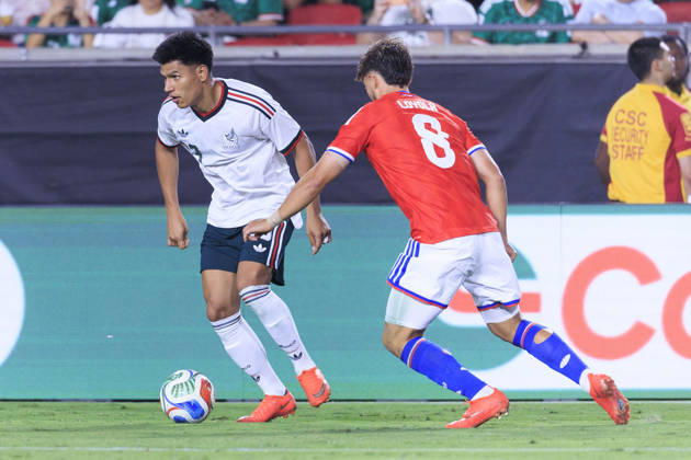 October 6, 2026, Los Angeles, California, USA: Jesus Gallardo 23 of Mexico passes the ball as Felipe Loyola 8 of Chile defends during an International Friendly, Länderspiel, Nationalmannschaft at the Los Angeles Memorial Coliseum on Tuesday October 6, 2026 in Los Angeles, California. Mexico loses to Chile, 0-2. ARIANA RUIZ PI Los Angeles USA - ZUMAp124 20261006_zaa_p124_107 Copyright: xArianaxRuizx