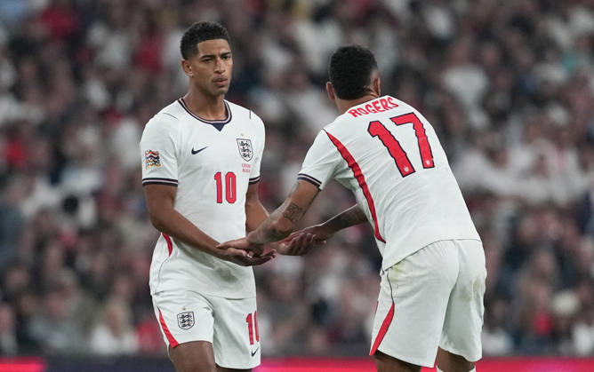England v Czech Republic Group 3 UEFA Nations League - Season 2026 2027 - Wembley Stadium Jude Bellingham of England with Morgan Rogers during the England v Czech Republic UEFA Group 3 Nations League Match at Wembley Stadium London, Season 26 27, October 6 2026 London United Kingdom