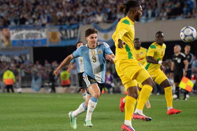 BUENOS AIRES, ARGENTINA 6 OCTOBER: Argentine footballer Julian Alvarez tries to retrieve the ball during a friendly match between Argentina and Benin at the Estadio Monumental Antonio V. Liberti on 6 October 2026 in Buenos Aires, Argentina. Copyright: xMBxMediax