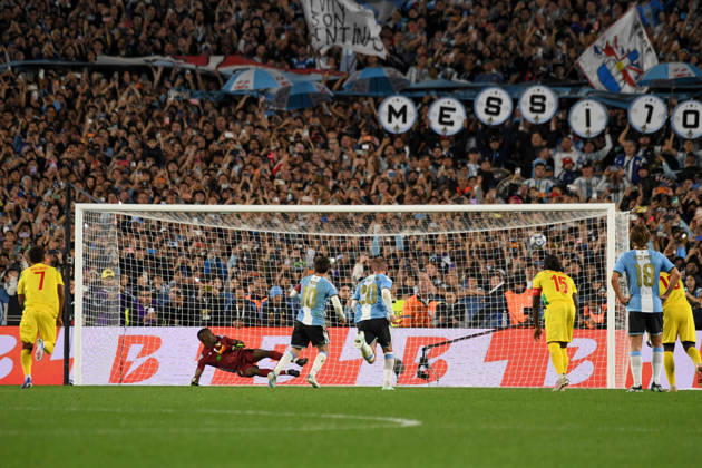 BUENOS AIRES, ARGENTINA 6 OCTOBER: Lionel Messi, of the Argentina national team, Nationalteam has just scored a penalty during a friendly match between Argentina and Benin at the Estadio Monumental Antonio V. Liberti on 6 October 2026 in Buenos Aires, Argentina. Copyright: xMBxMediax