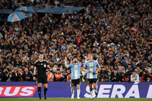 BUENOS AIRES, ARGENTINA 6 OCTOBER: Lionel Messi of the Argentina national team, Nationalteam celebrates the goal he has just scored from the penalty spot, whilst his team-mate Nicolas Paz looks on, during a friendly match between Argentina and Benin at the Estadio Monumental Antonio V. Liberti on 6 October 2026 in Buenos Aires, Argentina. Copyright: xMBxMediax
