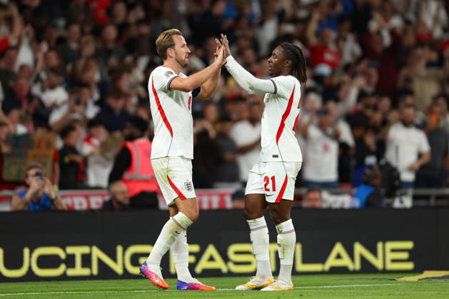 LONDON, ENGLAND - OCTOBER 6: Harry Kane of England celebrates with Eberechi Eze of England after scoring during the UEFA Nations League 2026 27 group phase match between England and Czechia at Wembley Stadium on October 6, 2026 in London, England. Copyright: xMBxMediax