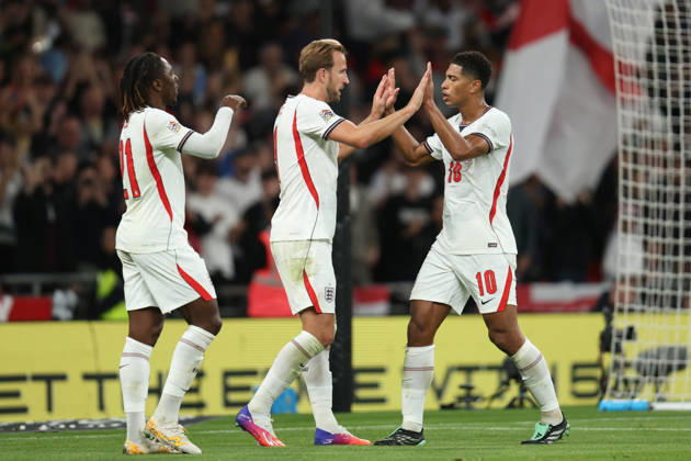 LONDON, ENGLAND - OCTOBER 6: Harry Kane of England celebrates with Jude Bellingham of England after scoring during the UEFA Nations League 2026 27 group phase match between England and Czechia at Wembley Stadium on October 6, 2026 in London, England. Copyright: xMBxMediax