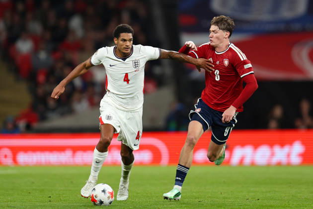 LONDON, ENGLAND - OCTOBER 6: Jarell Quansah of England controls the ball while receiving pressure from Ryan Naderi of Czechia during the UEFA Nations League 2026 27 group phase match between England and Czechia at Wembley Stadium on October 6, 2026 in London, England. Copyright: xMBxMediax