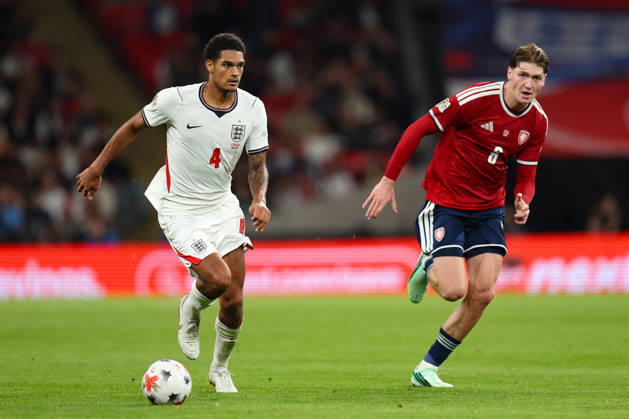 LONDON, ENGLAND - OCTOBER 6: Jarell Quansah of England controls the ball while receiving pressure from Ryan Naderi of Czechia during the UEFA Nations League 2026 27 group phase match between England and Czechia at Wembley Stadium on October 6, 2026 in London, England. Copyright: xMBxMediax