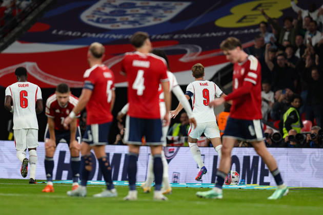 LONDON, ENGLAND - OCTOBER 6: Harry Kane of England celebrates after scoring his second goal during the UEFA Nations League 2026 27 group phase match between England and Czechia at Wembley Stadium on October 6, 2026 in London, England. Copyright: xMBxMediax
