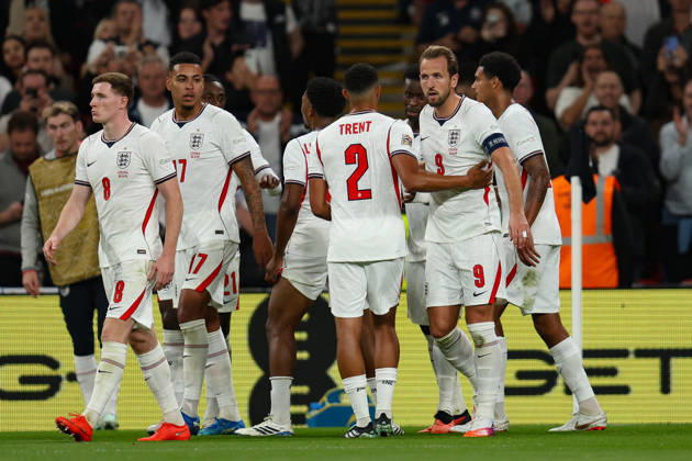 LONDON, ENGLAND - OCTOBER 6: Harry Kane of England celebrates with his teammates after scoring his second goal during the UEFA Nations League 2026 27 group phase match between England and Czechia at Wembley Stadium on October 6, 2026 in London, England. Copyright: xMBxMediax