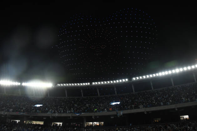 BUENOS AIRES, ARGENTINA - OCTOBER 06: firework and drone light show during the Lionel Messi of Argentina addresses, speak to the crowd after his final international appearance the International Friendly, Länderspiel, Nationalmannschaft match between Argentina and Benin at Estadio Mas Monumental on October 06, 2026 in Buenos Aires, Argentina. Photo by SFSI Argentina national team, Nationalteam v Benin Copyright: xSFSIx
