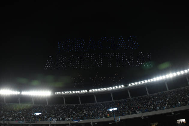 BUENOS AIRES, ARGENTINA - OCTOBER 06: firework and drone light show during the Lionel Messi of Argentina addresses, speak to the crowd after his final international appearance the International Friendly, Länderspiel, Nationalmannschaft match between Argentina and Benin at Estadio Mas Monumental on October 06, 2026 in Buenos Aires, Argentina. Photo by SFSI Argentina national team, Nationalteam v Benin Copyright: xSFSIx