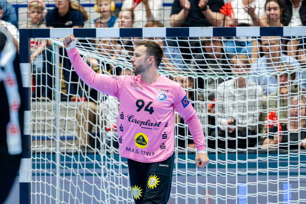 Solingen, 06.10.2026, Handball, Herren, EHF, European League, Gruppenphase, 2. Spieltag, 2026 2027, Bergischer HC - IK Sävehof Kristian van der Merwe (Bergischer HC, 94) jubelt nach einer Parade Solingen Klingenhalle NRW Germany