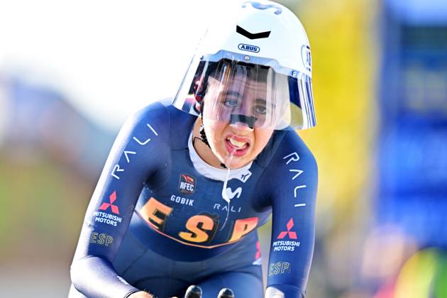 Spain s Alejandra Neira Dominguez crosses the finish line to win the Women Junior Individual Time Trial race (22km) at the cycling UEC Road European Championships, in Ljubljana, Slovenia, on Wednesday 7 October 2026. The UEC Road European Championships are taking place from 02 to 07 October in Ljubljana, Slovenia. DAVIDxPINTENS x189033665x