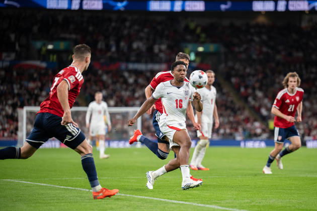 Marc Guehi of England and Adam Hlozek of Czechia chase the loose ball during the Nations League match between England and Czechia at Wembley Stadium, London, England on 6 October 2026. Copyright: xPhilxHutchinsonx 45480066