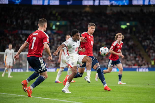 Marc Guehi of England and Adam Hlozek of Czechia challenge for the loose ball during the Nations League match between England and Czechia at Wembley Stadium, London, England on 6 October 2026. Copyright: xPhilxHutchinsonx 45480067