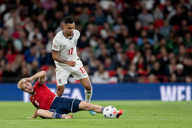 Morgan Rogers of England and Aindrej Zmrzly of Czechia challenge for the ball during the Nations League match between England and Czechia at Wembley Stadium, London, England on 6 October 2026. Copyright: xPhilxHutchinsonx 45480083