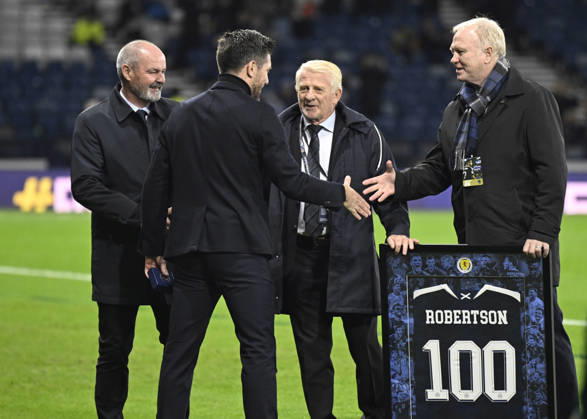 Glasgow, Scotland, 6th October 2026. Scotland head coach, Sebastien Pocognoli with former Scotland & Andy Robertsons managers Steve Clarke, Gordon Strachan and Alex McLeish wait to present a framed shiirt to mark Roberstons 100 cap during the Scotland vs Slovenia UEFA Nations League match at Hampden Park, Glasgow. Picture credit should read: Neil Hanna Sportimage EDITORIAL USE ONLY. No use with unauthorised audio, video, data, fixture lists, club league logos or live services. Online in-match use limited to 120 images, no video emulation. No use in betting, games or single club league player publications. SPI_088_NH_Scotland_Slovenia SPI-5054-0088