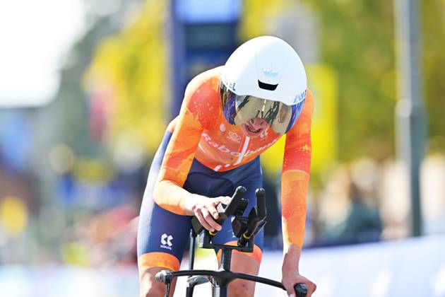Netherlands Jop Van Den Biggelaar crosses the finish line of the Men Junior Individual Time Trial race (22km) at the cycling UEC Road European Championships, in Ljubljana, Slovenia, on Wednesday 7 October 2026. The UEC Road European Championships are taking place from 02 to 07 October in Ljubljana, Slovenia. DAVIDxPINTENS x189036088x