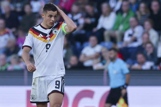 Nicolo Tresoldi (Germany) looks dejected during the UEFA Under21 EURO Qualifier, EM, Europameisterschaft between Germany U21, U 21 and Georgia U21 at Almstadion on October 6, 2026 in Bielefeld, Germany. (Photo by Marco Steinbrenner DeFodi Images) -