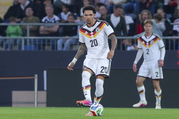 Nnamdi Collins (Germany) controls the ball during the UEFA Under21 EURO Qualifier, EM, Europameisterschaft between Germany U21, U 21 and Georgia U21 at Almstadion on October 6, 2026 in Bielefeld, Germany. (Photo by Marco Steinbrenner DeFodi Images) -
