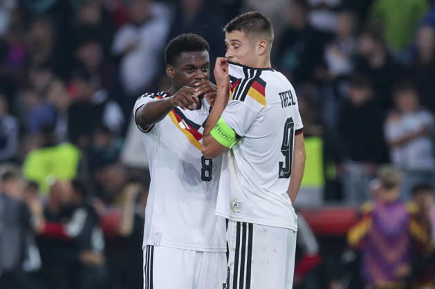 Noel Aseko (Germany) und Nicolo Tresoldi (Germany) talk together during the UEFA Under21 EURO Qualifier, EM, Europameisterschaft between Germany U21, U 21 and Georgia U21 at Almstadion on October 6, 2026 in Bielefeld, Germany. (Photo by Marco Steinbrenner DeFodi Images) -
