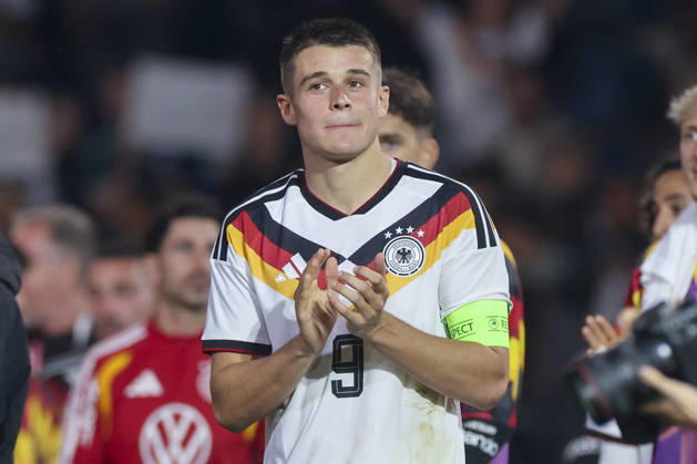 Nicolo Tresoldi (Germany) cheers during the UEFA Under21 EURO Qualifier, EM, Europameisterschaft between Germany U21, U 21 and Georgia U21 at Almstadion on October 6, 2026 in Bielefeld, Germany. (Photo by Marco Steinbrenner DeFodi Images) -