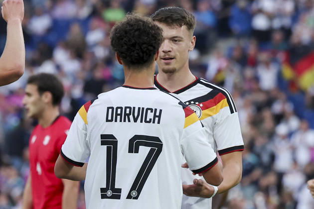 Dzenan Pejcinovic (Germany) celebrates after scoring his teams first goal with Noah Darvich (Germany) during the UEFA Under21 EURO Qualifier, EM, Europameisterschaft between Germany U21, U 21 and Georgia U21 at Almstadion on October 6, 2026 in Bielefeld, Germany. (Photo by Marco Steinbrenner DeFodi Images) -