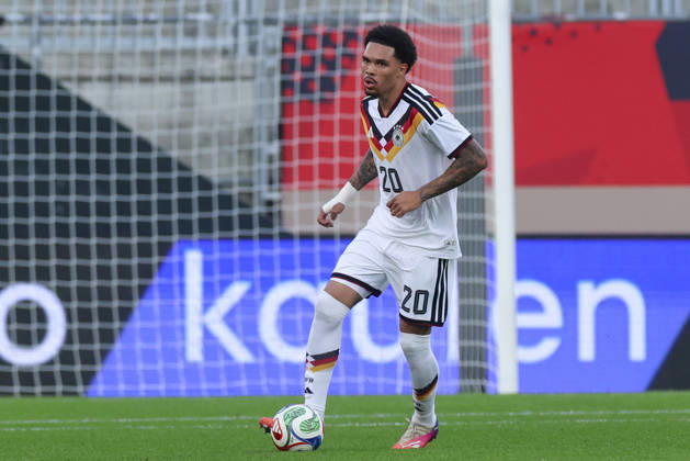 Nnamdi Collins (Germany) controls the ball during the UEFA Under21 EURO Qualifier, EM, Europameisterschaft between Germany U21, U 21 and Georgia U21 at Almstadion on October 6, 2026 in Bielefeld, Germany. (Photo by Marco Steinbrenner DeFodi Images) -