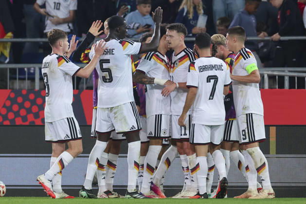 Dzenan Pejcinovic (Germany) celebrates his goal with teammates during the UEFA Under21 EURO Qualifier, EM, Europameisterschaft between Germany U21, U 21 and Georgia U21 at Almstadion on October 6, 2026 in Bielefeld, Germany. (Photo by Marco Steinbrenner DeFodi Images) -