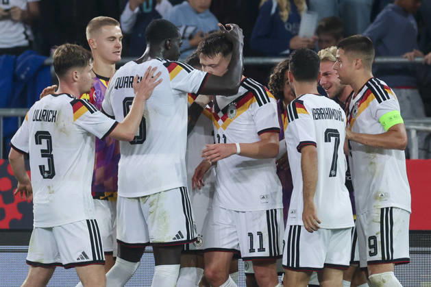 Dzenan Pejcinovic (Germany) celebrates his goal with teammates during the UEFA Under21 EURO Qualifier, EM, Europameisterschaft between Germany U21, U 21 and Georgia U21 at Almstadion on October 6, 2026 in Bielefeld, Germany. (Photo by Marco Steinbrenner DeFodi Images) -
