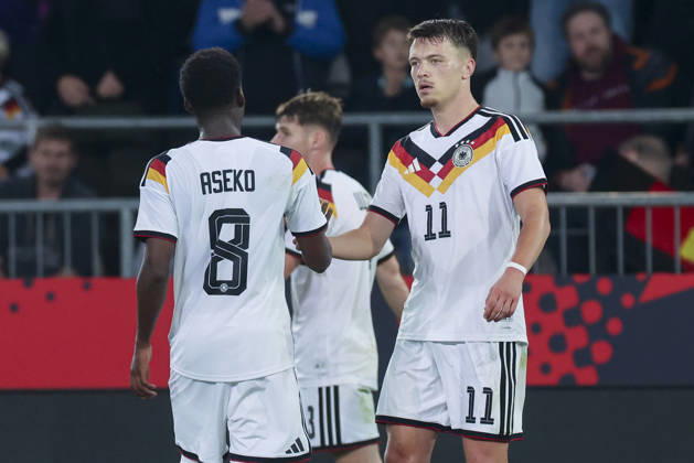 Dzenan Pejcinovic (Germany) celebrates after scoring his teams second goal with Noel Aseko (Germany) during the UEFA Under21 EURO Qualifier, EM, Europameisterschaft between Germany U21, U 21 and Georgia U21 at Almstadion on October 6, 2026 in Bielefeld, Germany. (Photo by Marco Steinbrenner DeFodi Images) -