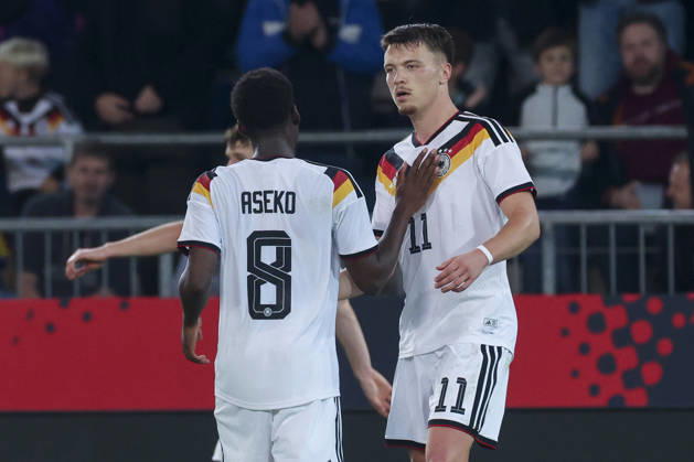 Dzenan Pejcinovic (Germany) celebrates after scoring his teams second goal with Noel Aseko (Germany) during the UEFA Under21 EURO Qualifier, EM, Europameisterschaft between Germany U21, U 21 and Georgia U21 at Almstadion on October 6, 2026 in Bielefeld, Germany. (Photo by Marco Steinbrenner DeFodi Images) -